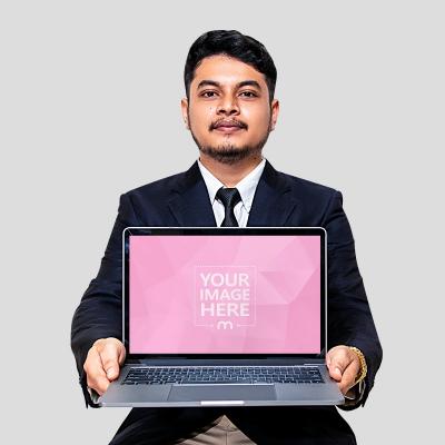Mockup of a Man Presenting a MacBook Pro Screen