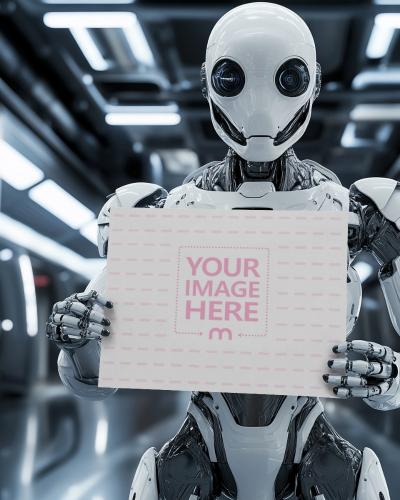 Advanced AI Robot Holding Sign Mockup for Tech Visualization