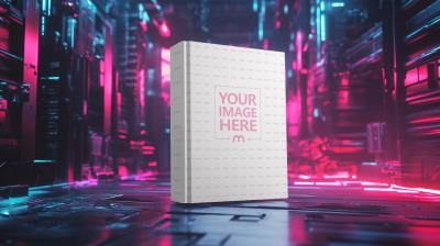 Book Cover Mockup on Si Fi Neon Retro Background