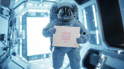 Floating Astronaut  Holding Poster Sign Mockup