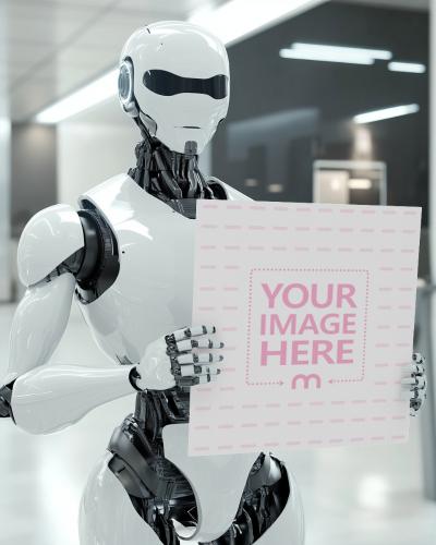 Humanoid Android Holding Sign Mockup for Sci-Fi Concepts