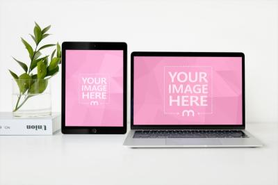 iPad and Macbook on Desk Mockup