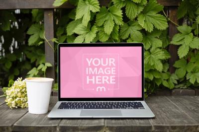 Macbook and Coffee on Desk Mockup