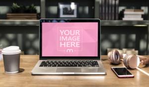 Macbook on Home Office Desk Mockup Generator