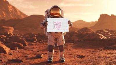 Mars Explorer Astronaut Holding Paper Sign Mockup