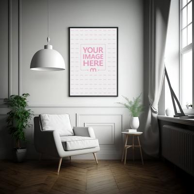Picture Frame on Modern Living Room Wall Mockup