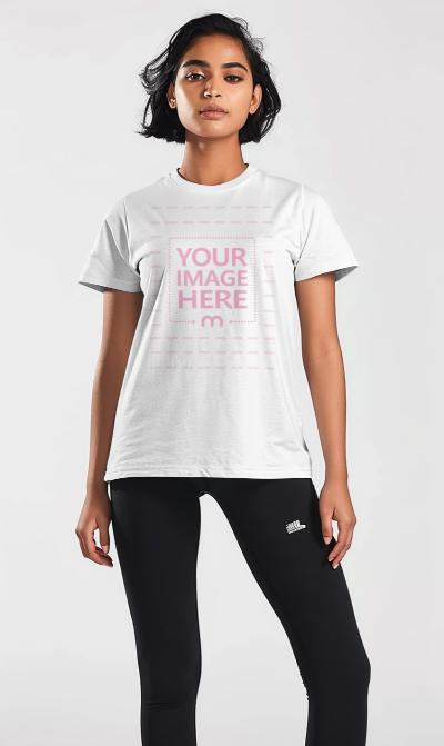 Short-Haired Indian Woman in White T-Shirt Mockup