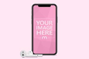 Standing iPhone with Airpods Mockup
