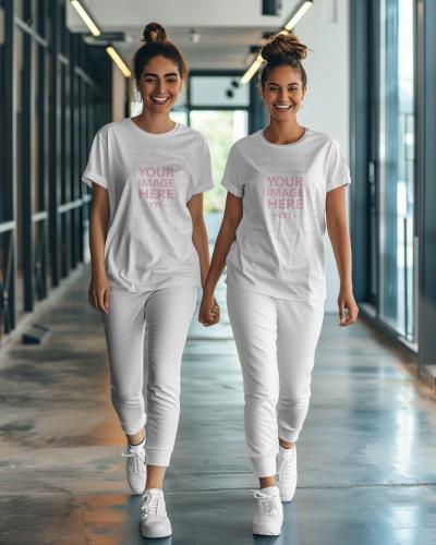 T-Shirt Mockup on Two Women Walking in Corporate Office