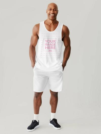 White Vest Mockup on Smiling Bald Man with White Shirt